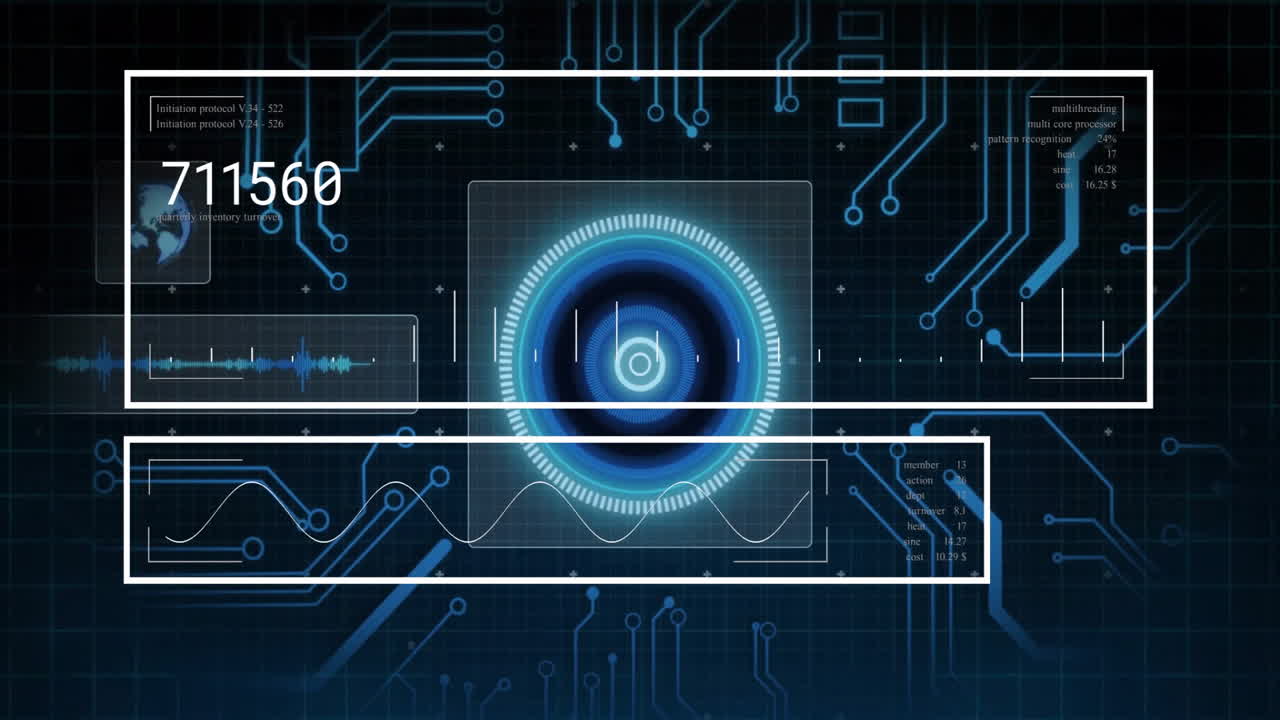 Animation of futuristic digital interface with glowing blue central element