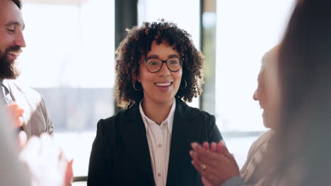 promotion, happy woman or business people clapping