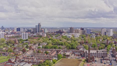 aerial drone rising pedestal shot of birmingham city skyline on overcast day, england