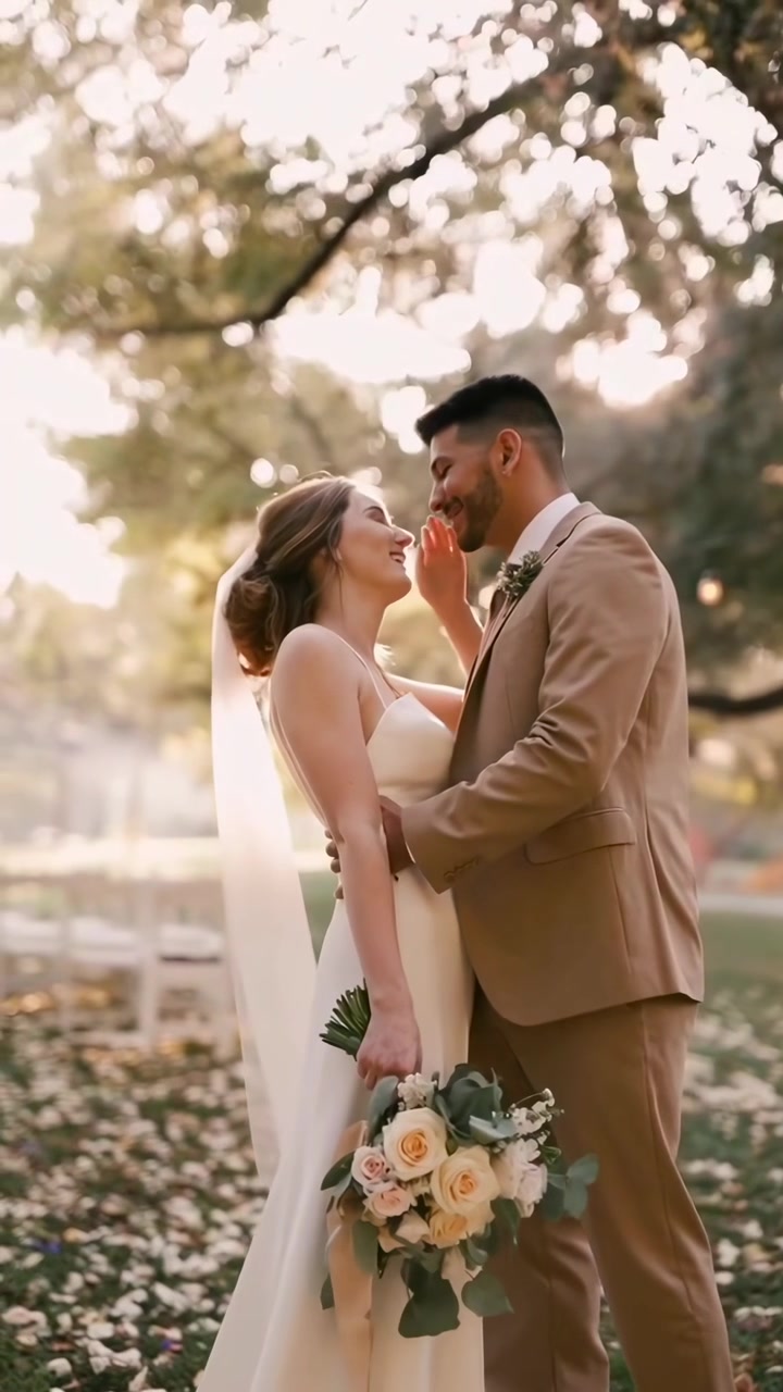 Pareja de recién casados compartiendo un momento íntimo en un parque