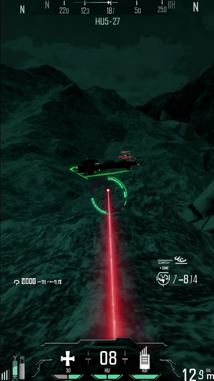 Futuristic navigation system displays laser guidance over rugged terrain in dark environment