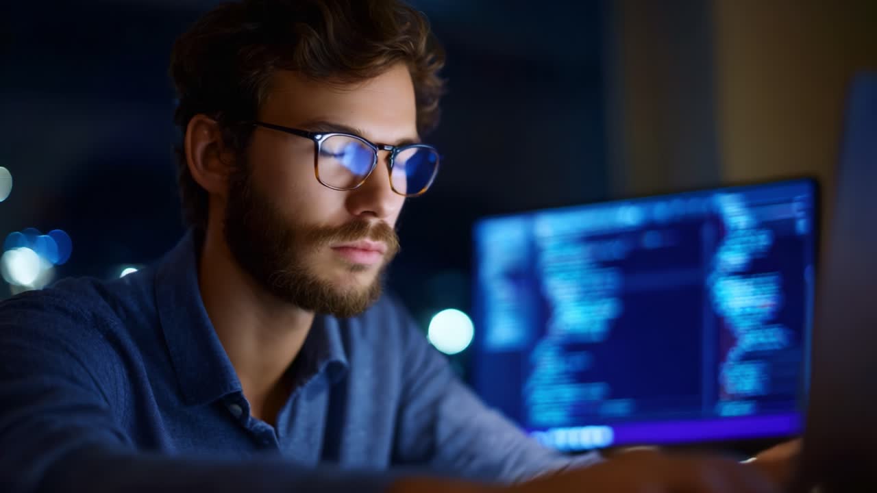 Focused Programmer Working Late at Night, Analyzing Code on Laptop with Colorful Screen, Illuminated by Surrounding City Lights, Deep in Thought