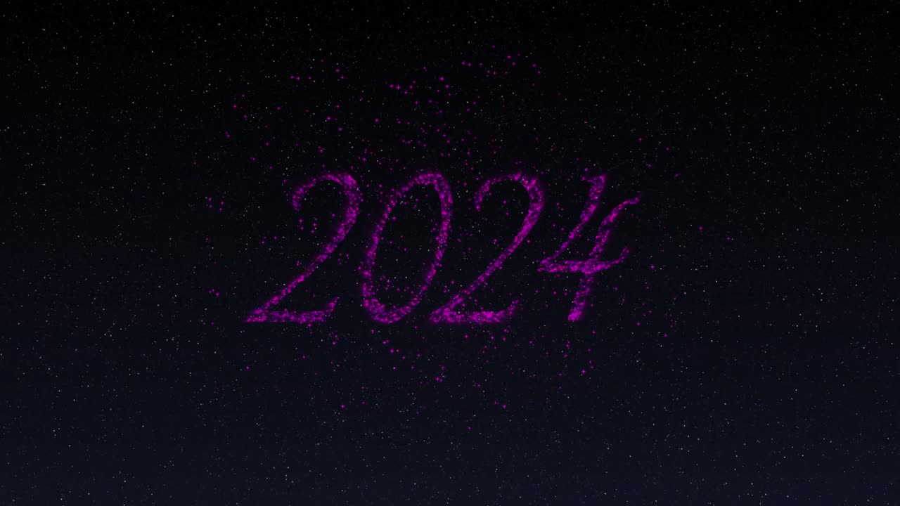 animación de 2024 en letras rosadas brillantes y fuegos artificiales