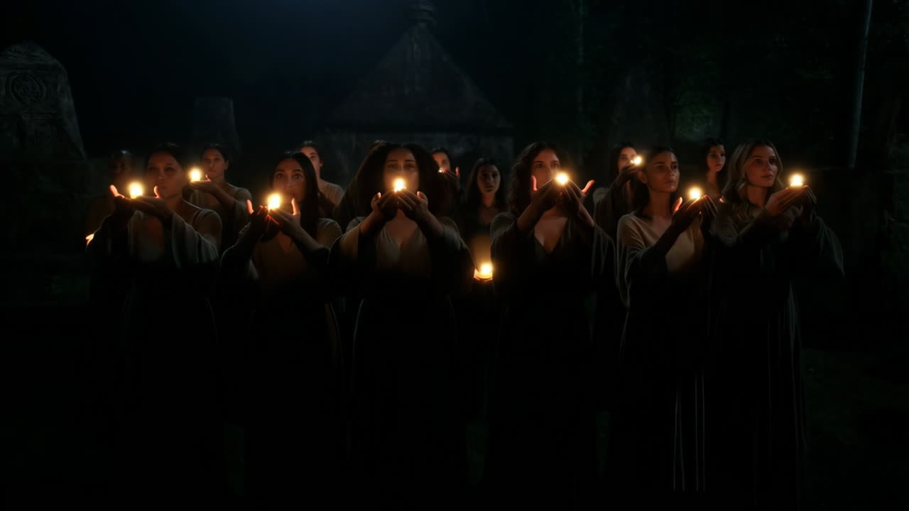 Women holding glowing lights during a nocturnal ceremony