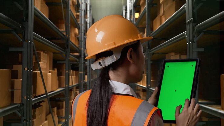 Warehouse Worker Using Tablet for Inventory Management