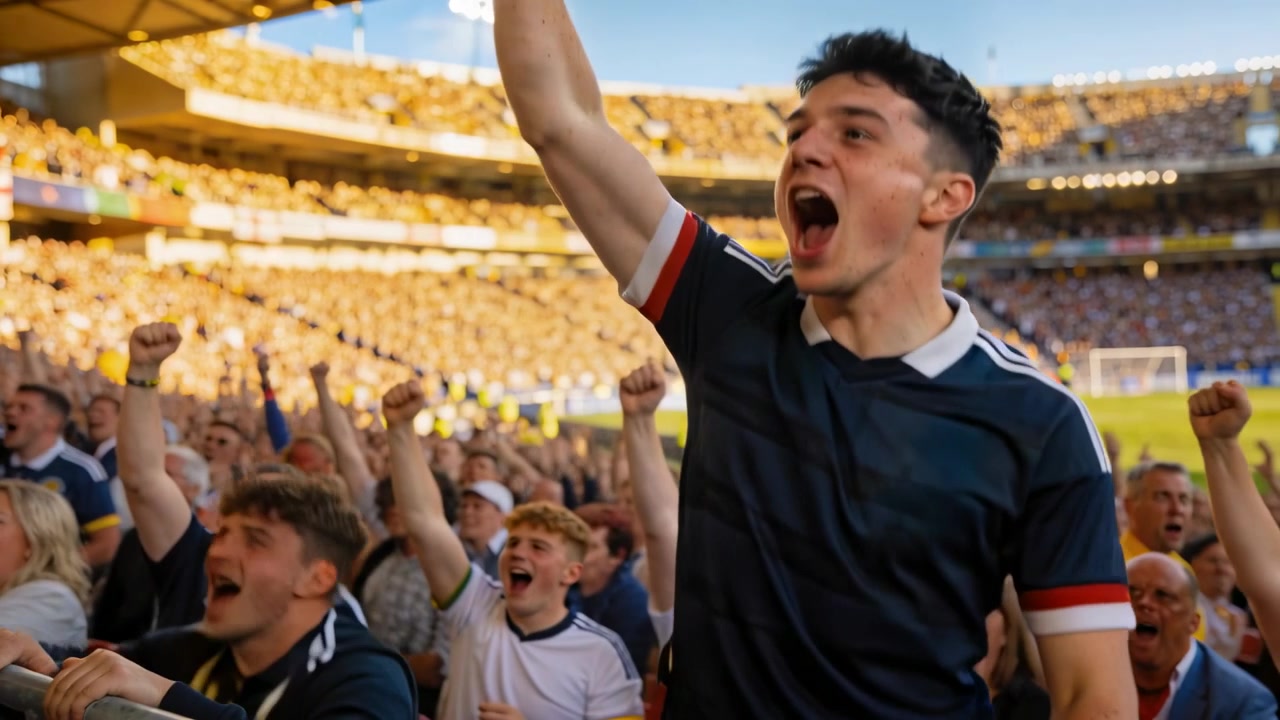 Aficionado masculino animando con camiseta azul marino, levantando el brazo derecho y gritando en la barandilla del estadio después de un gol