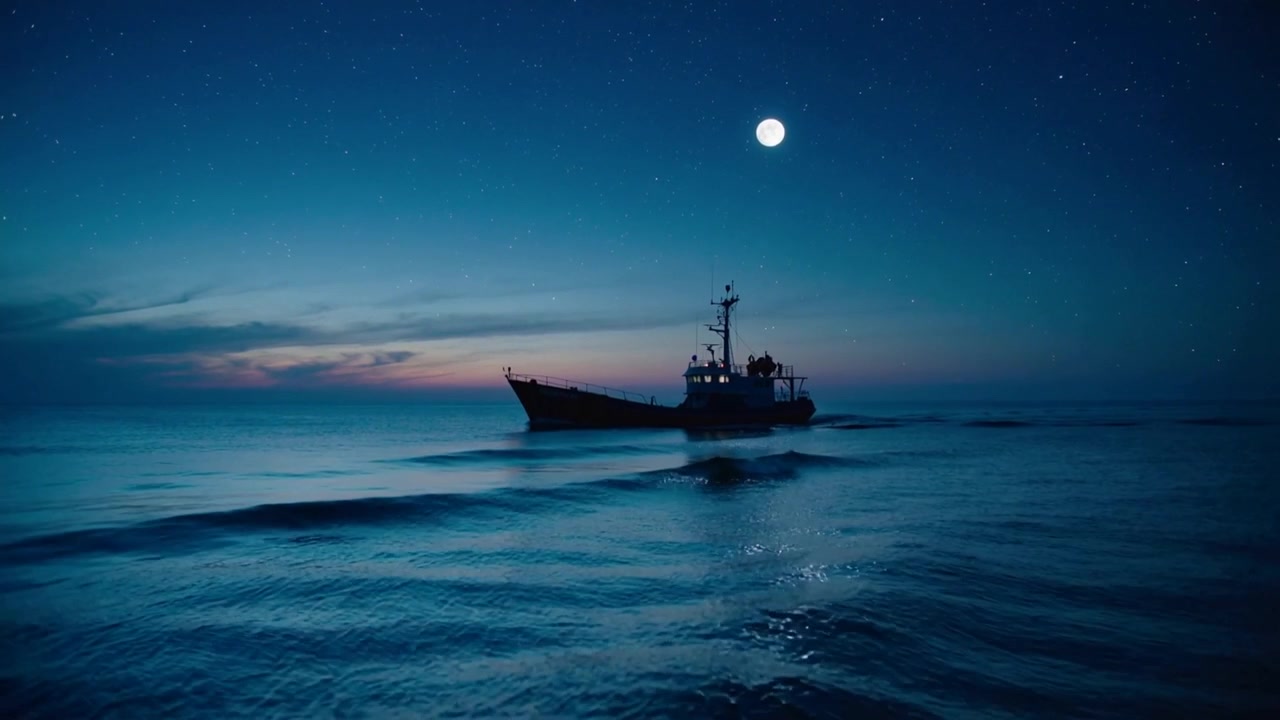 満月の夜の海を暗い船が滑るように進み、月明かりの反射と航海灯が映し出されている様子。