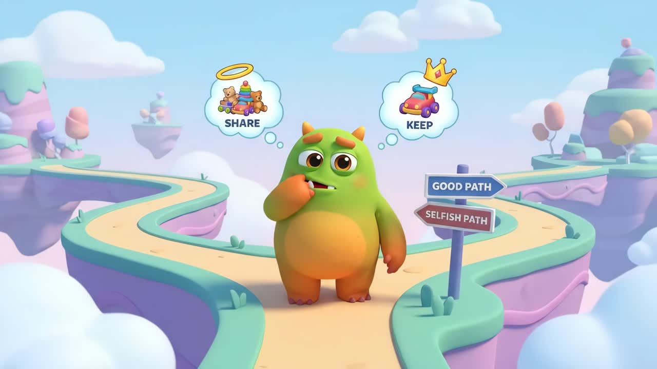 Animated Monster Choosing Between Sharing and Keeping Toys