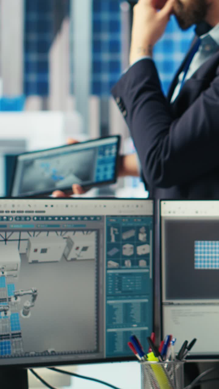 Vertical Video Photovoltaics Factory Engineer Works In Cad Software, Brainstorming With Manager