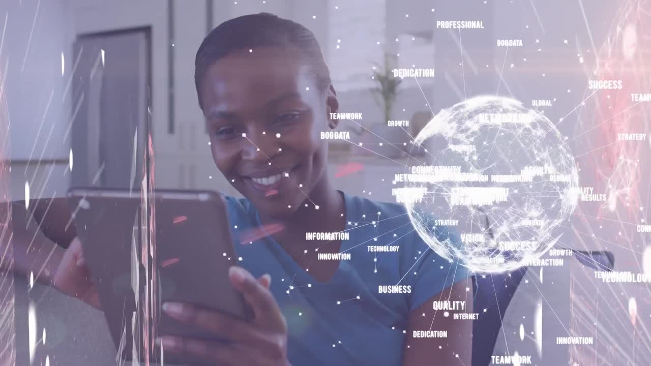 Animation of network of digital icons and spinning globe over woman using tablet