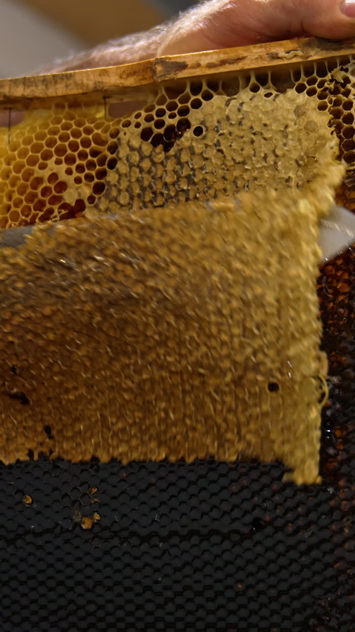 The layer of wax is removed with the help of electric knife appliance. Apiarist prepares frames with honeycombs for extracting honey. Vertical video