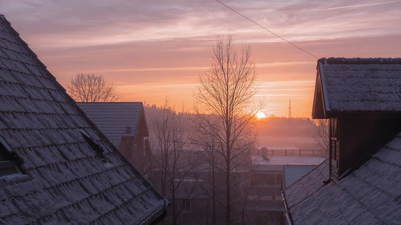 Sun rising and backlighting central leafless tree at window viewpoint, warming snow-dusted rooftops