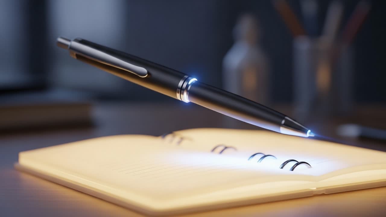 A Sleek Pen Illuminescently Hovers Over an Open Notebook, Capturing the Essence of Creativity and Productivity in a Modern Workspace