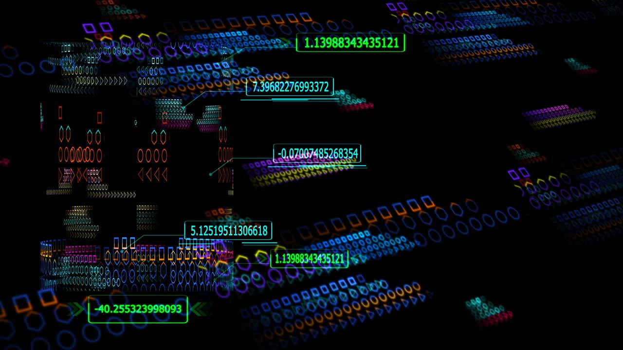 Quantum computer futuristic technology digital holographic process and analysis for big data and callout border arrow numeric flying abstract polygon background