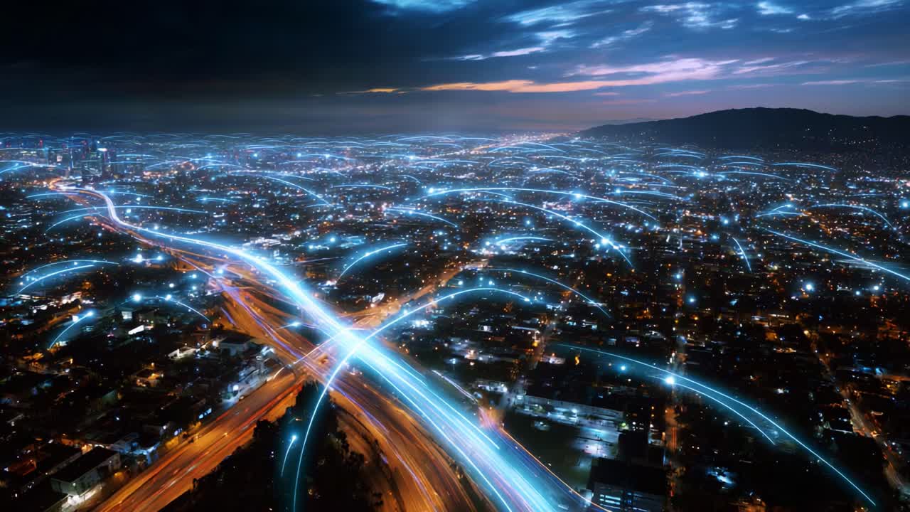 A mesmerizing view of a sprawling urban landscape illuminated by vibrant light trails, depicting the pulse of city life and connectivity during twilight and night hours, showcasing technology's impact on modern living