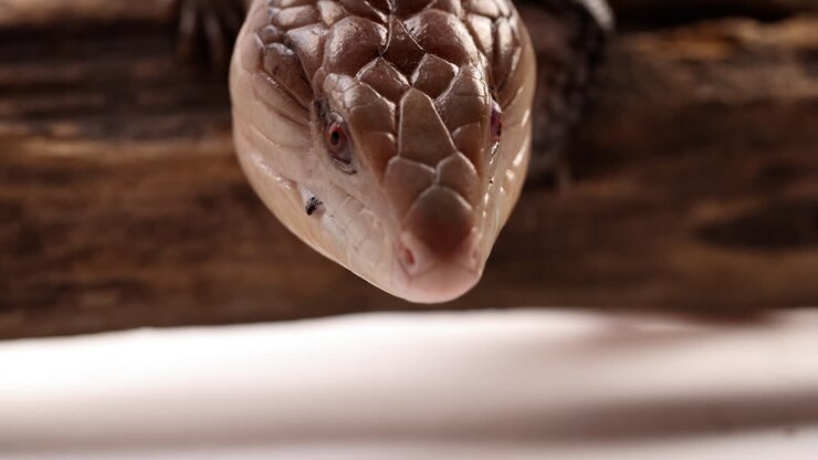 Blauwtongskink - extreme close-up van de ogen terwijl hij zijn blauwe reptielentong uitsteekt