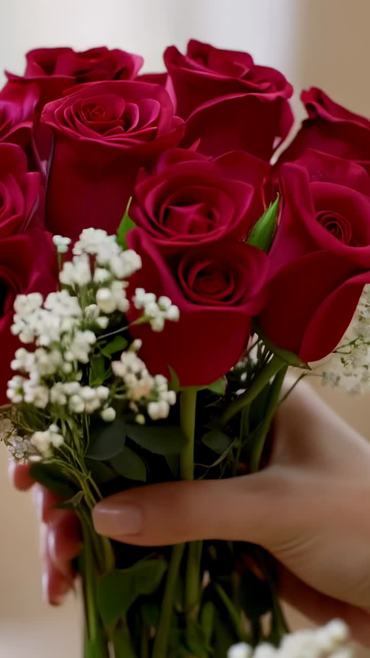 Vertical video: Picking up baby's breath, hands arranging red roses at home for compact bouquet