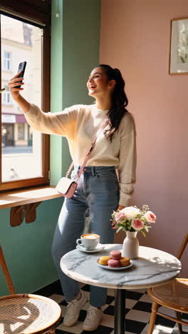 young woman takes selfie in a sunlit cafe