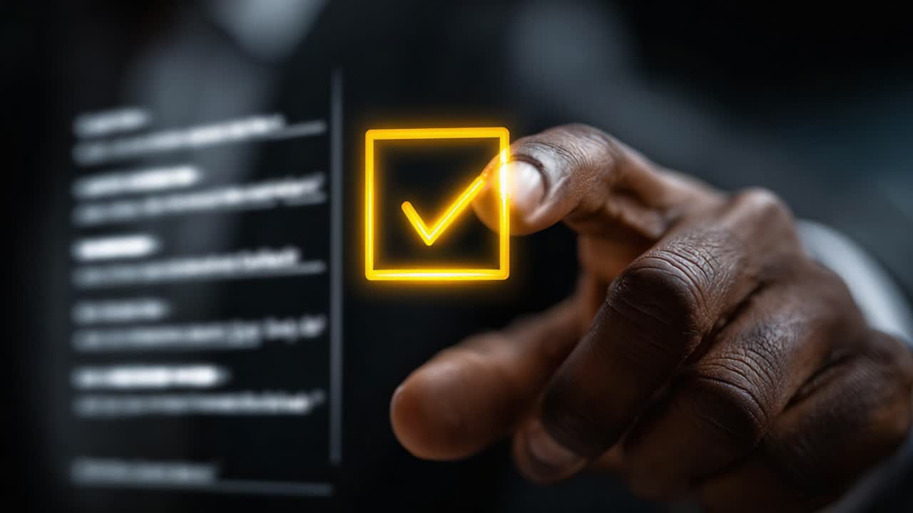 A Professional Hand Interacting with a Digital Interface and a Checkmark Icon, Symbolizing Completion and Approval in a Modern Workspace Setting