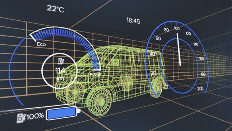 animation of speedometer with numbers and icons over 3d model of van against black background