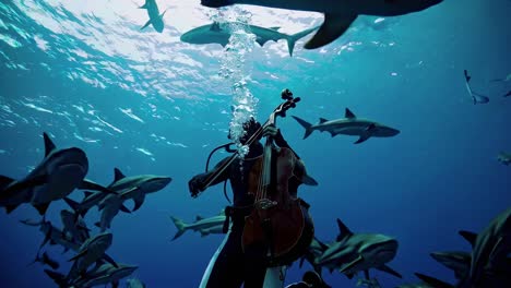 a diver plays cello amongst sharks