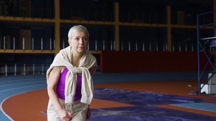 Senior woman running indoors