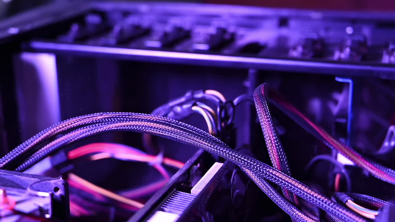 Close up of a man cleaning the dust from a computer using an air blower