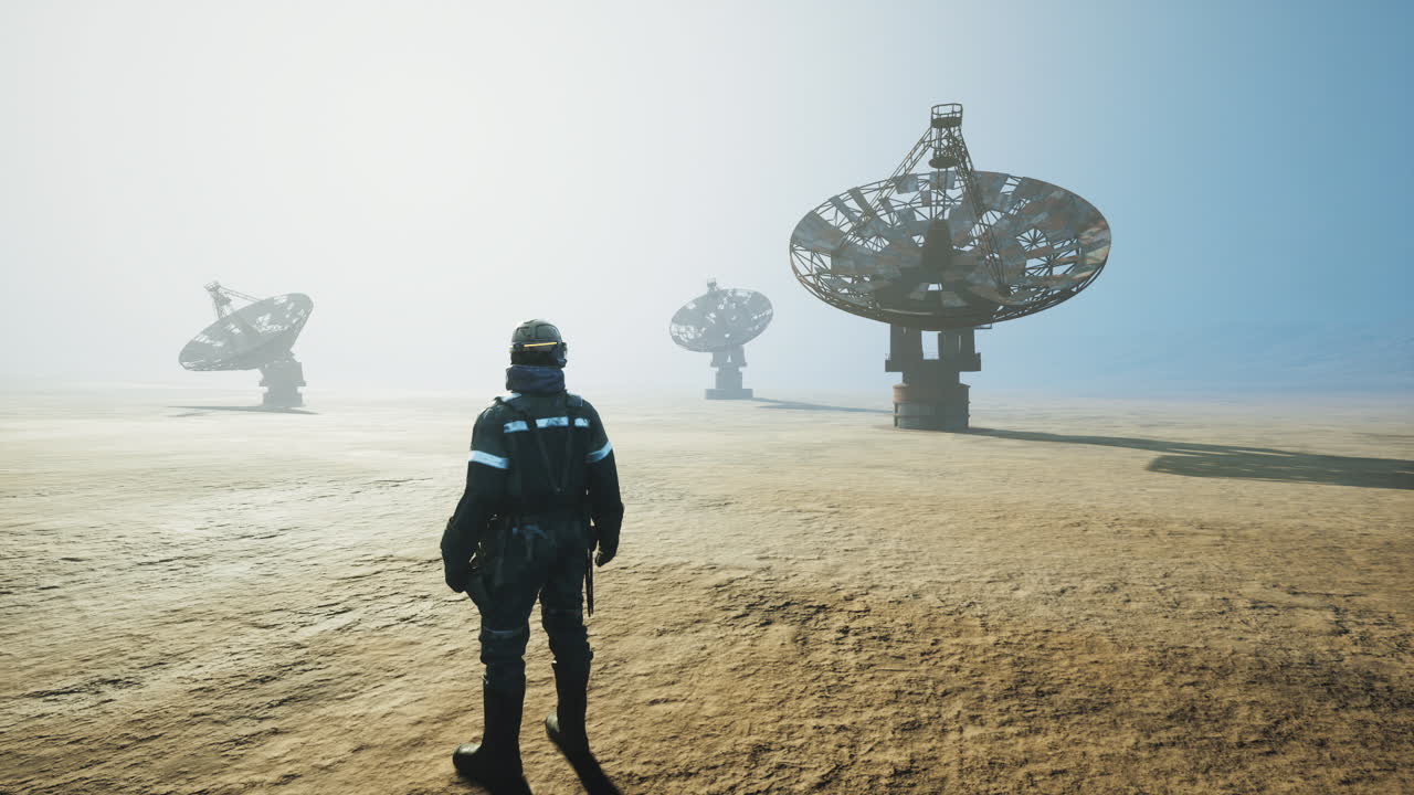 Worker standing near large satellite dishes in a foggy landscape