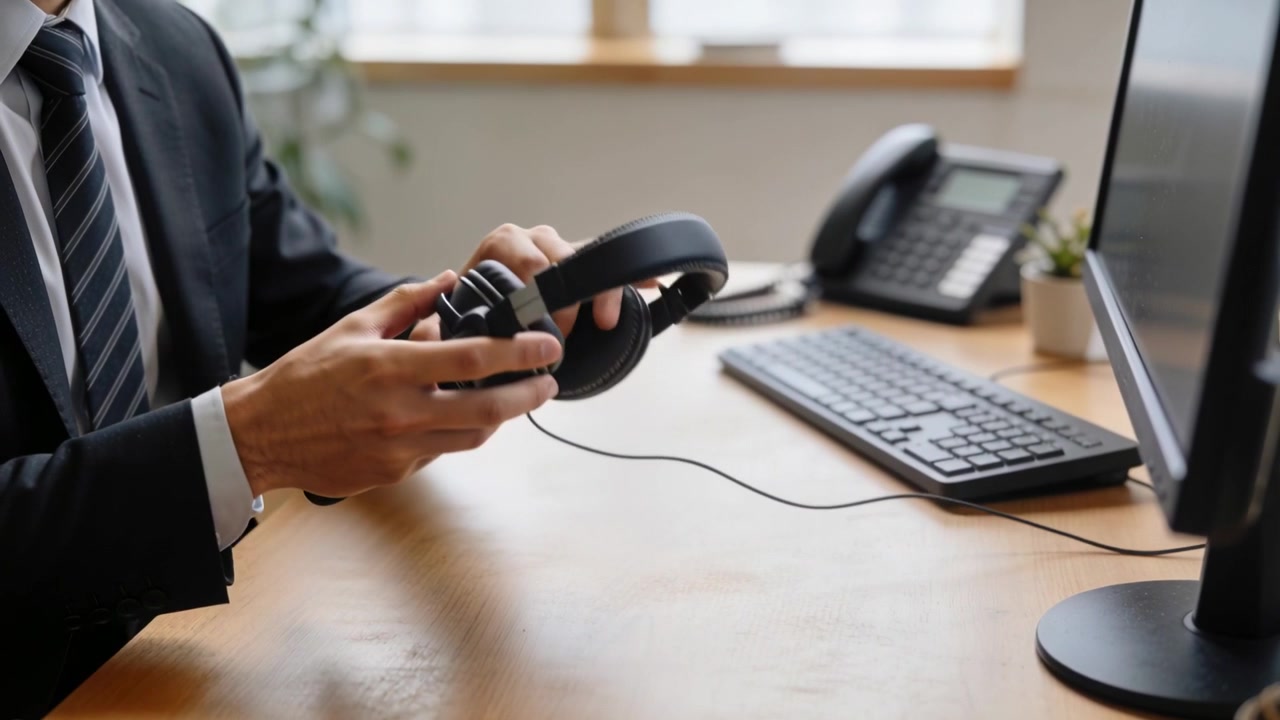 Shifting right hand, office worker in suit lifting wired headset at desk, preparing for call