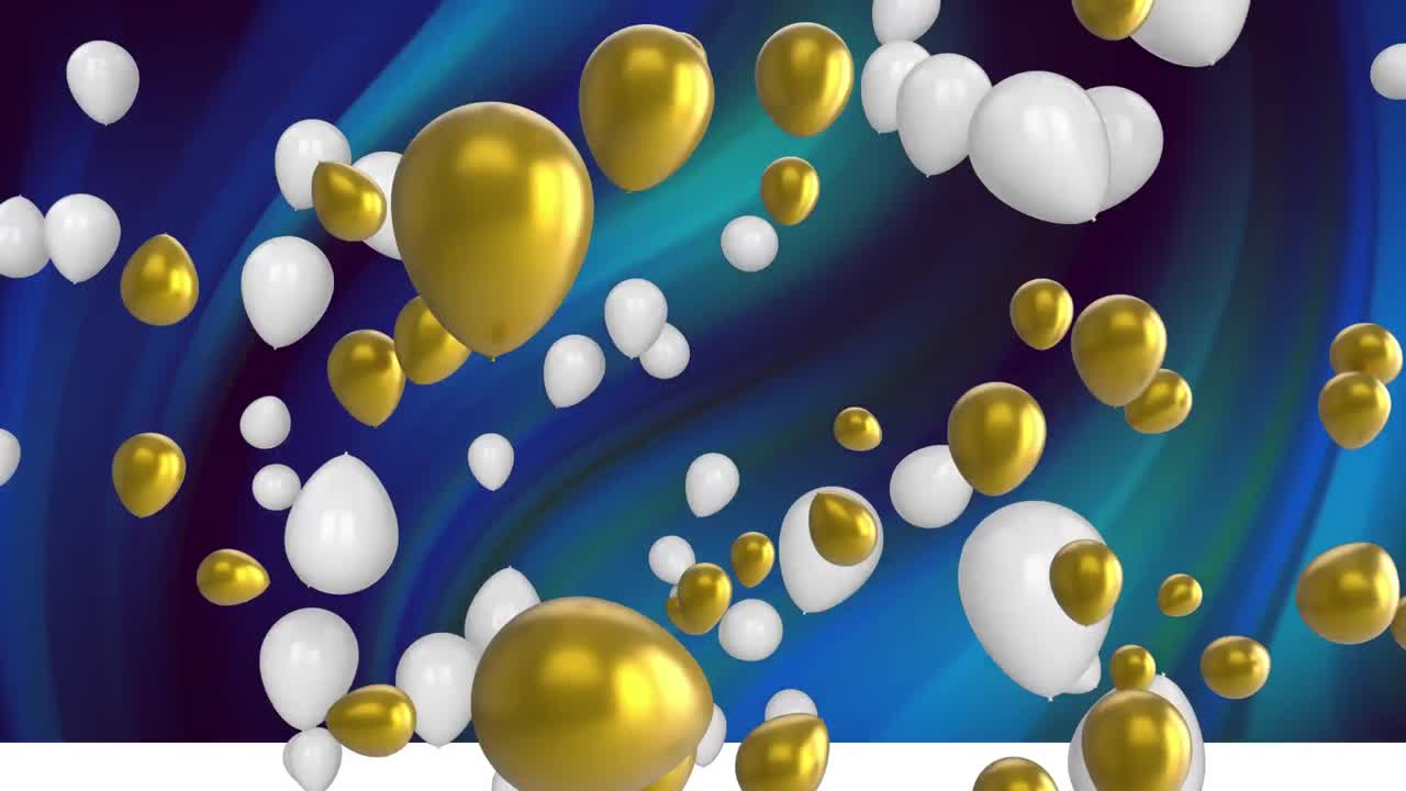 animación de globos dorados y blancos flotando sobre un fondo azul y verde arremolinado