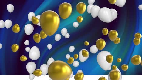 Animation-of-gold-and-white-balloons-floating-on-swirling-blue-and-green-background