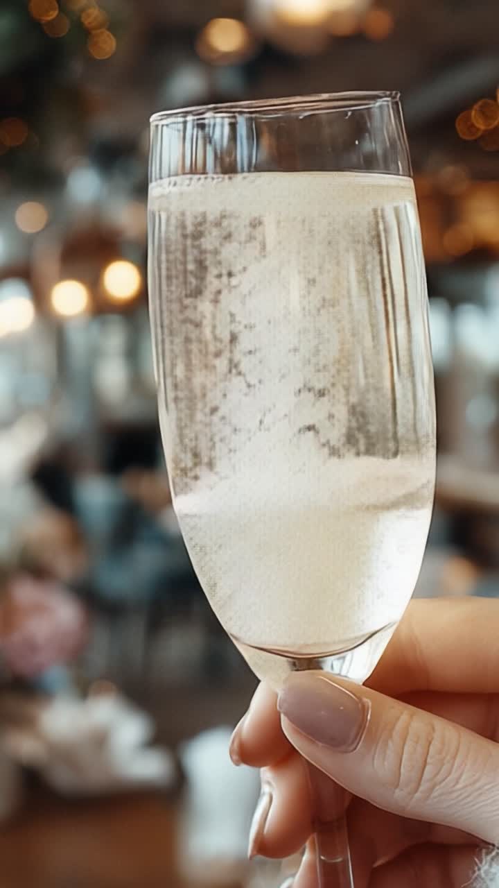 Un brindisi elegante con spumante frizzante in un calice a flûte, ripreso in un contesto sociale raffinato, perfetto per celebrare momenti speciali e le gioie della vita.