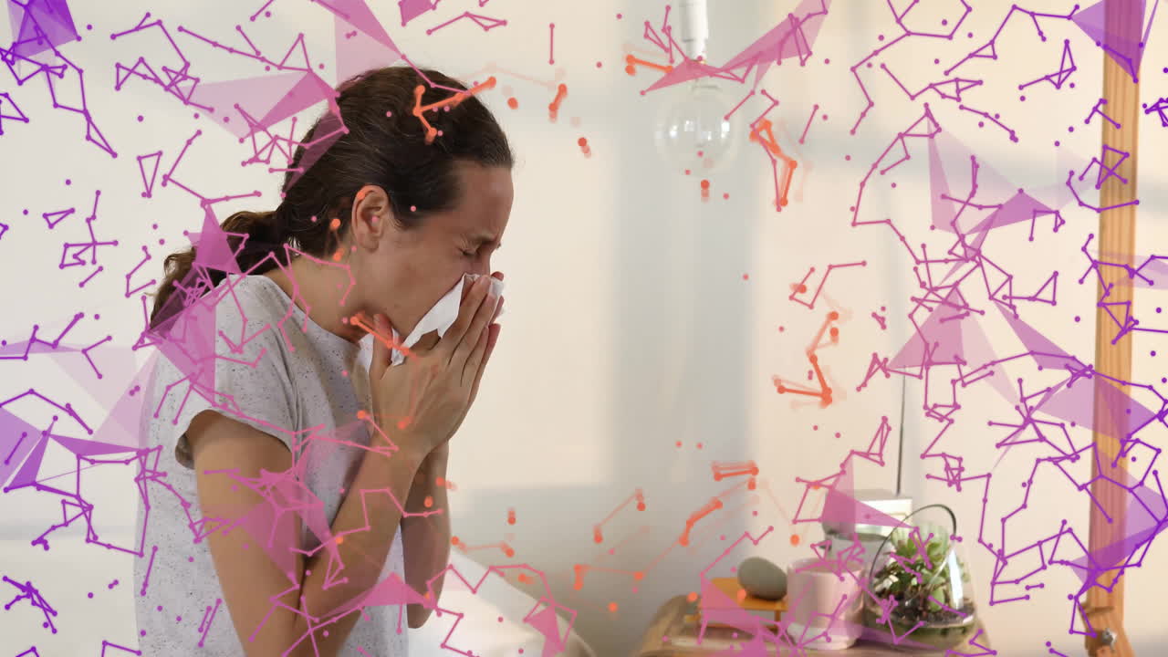 Adult woman sneezing indoors, showing animated health network near smart speaker and hanging bulb