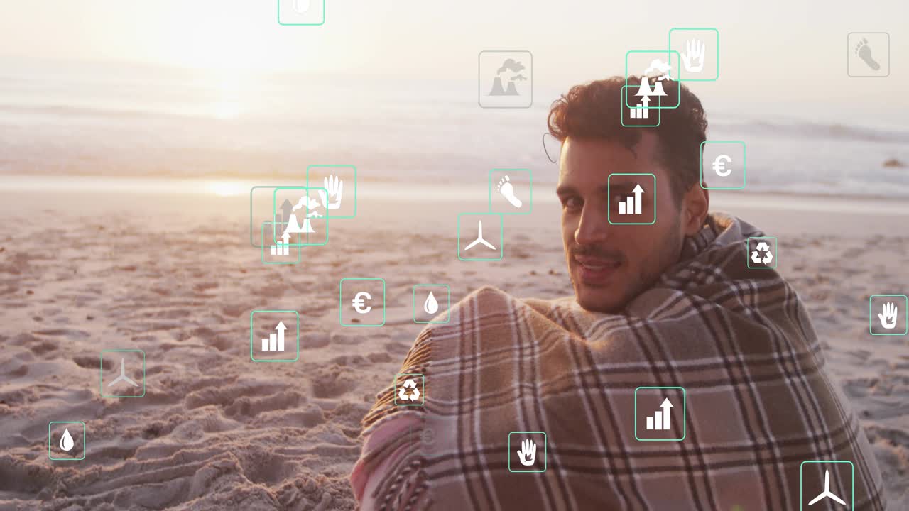 Man sitting beach analyzing environmental data icons pulsing closer turning toward CO? icon smiling