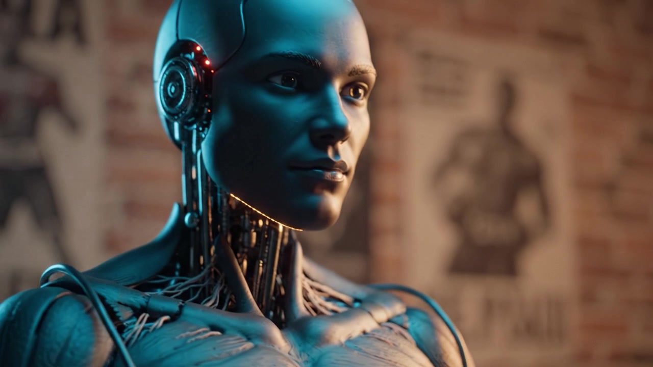 Un Robot Umanoide Avanzato che Mostra Meccanismi Complessi e un Design Futuristico in un Ambiente Studio con uno Sfondo Dinamico, Concentrandosi sulle Sue Caratteristiche Meticolose
