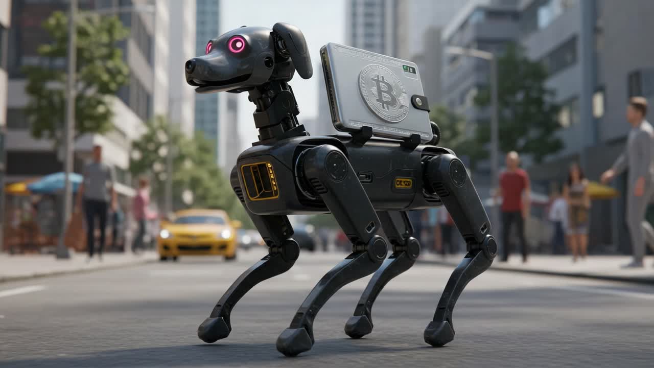 A Futuristic Robotic Dog Showcasing Cryptocurrency Technology While Walking Through a Bustling City Street, Combining Innovation and Companion Robotics in Modern Urban Life