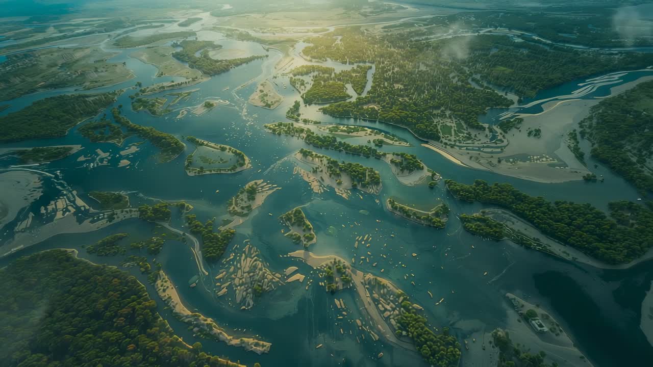 Opening aerial camera gliding over river delta, revealing boats and wooded islets under sunlight