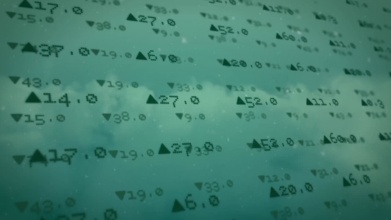 animación de formas púrpuras sobre fondo verde con datos financieros