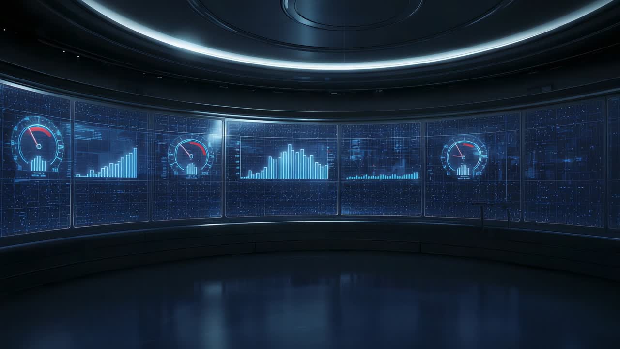 Animating curved display reacting to telemetry, adjusting histograms, gauges in command room