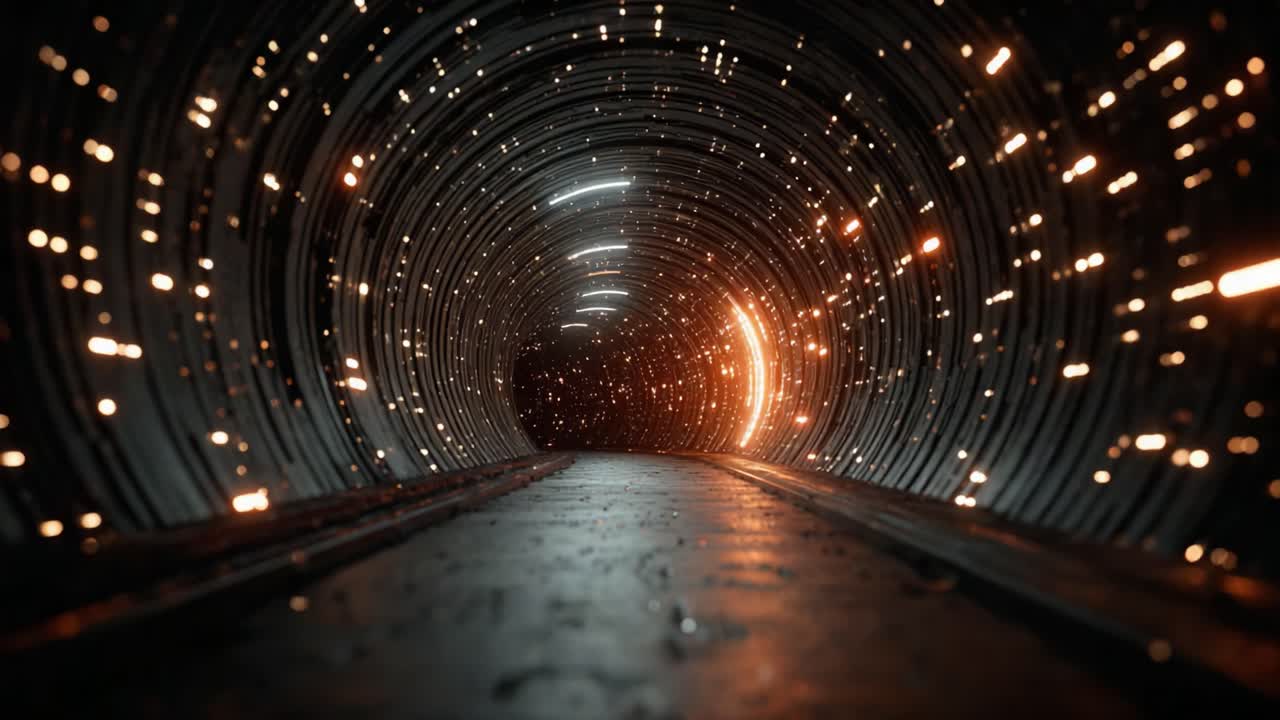 A mesmerizing tunnel of light and energy, showcasing dynamic patterns and reflections along a metallic pathway, inviting exploration and imagination into the depths of the unknown