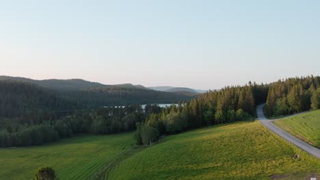 Lush-Green-Hills,-Road,-And-Forest-Overlooking-The-Lake-In-Summer