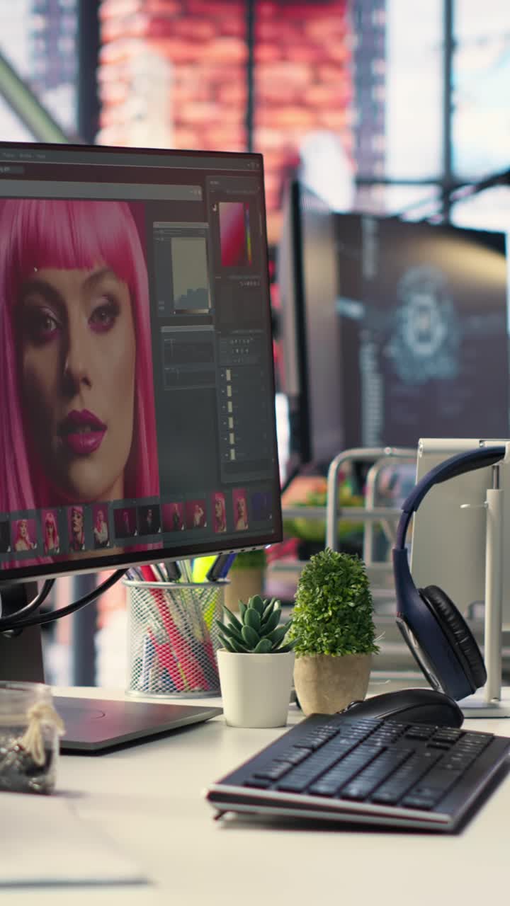 Vertical Video Modern office workspace equipped for digital design and photo editing