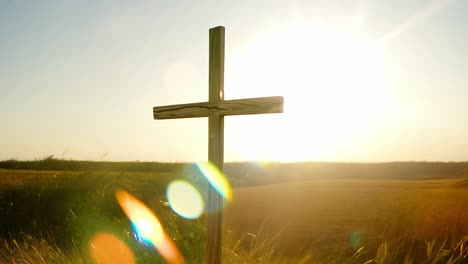 sunlight shining on a wooden cross in a field creates a serene atmosphere, symbolizing faith and hope in nature