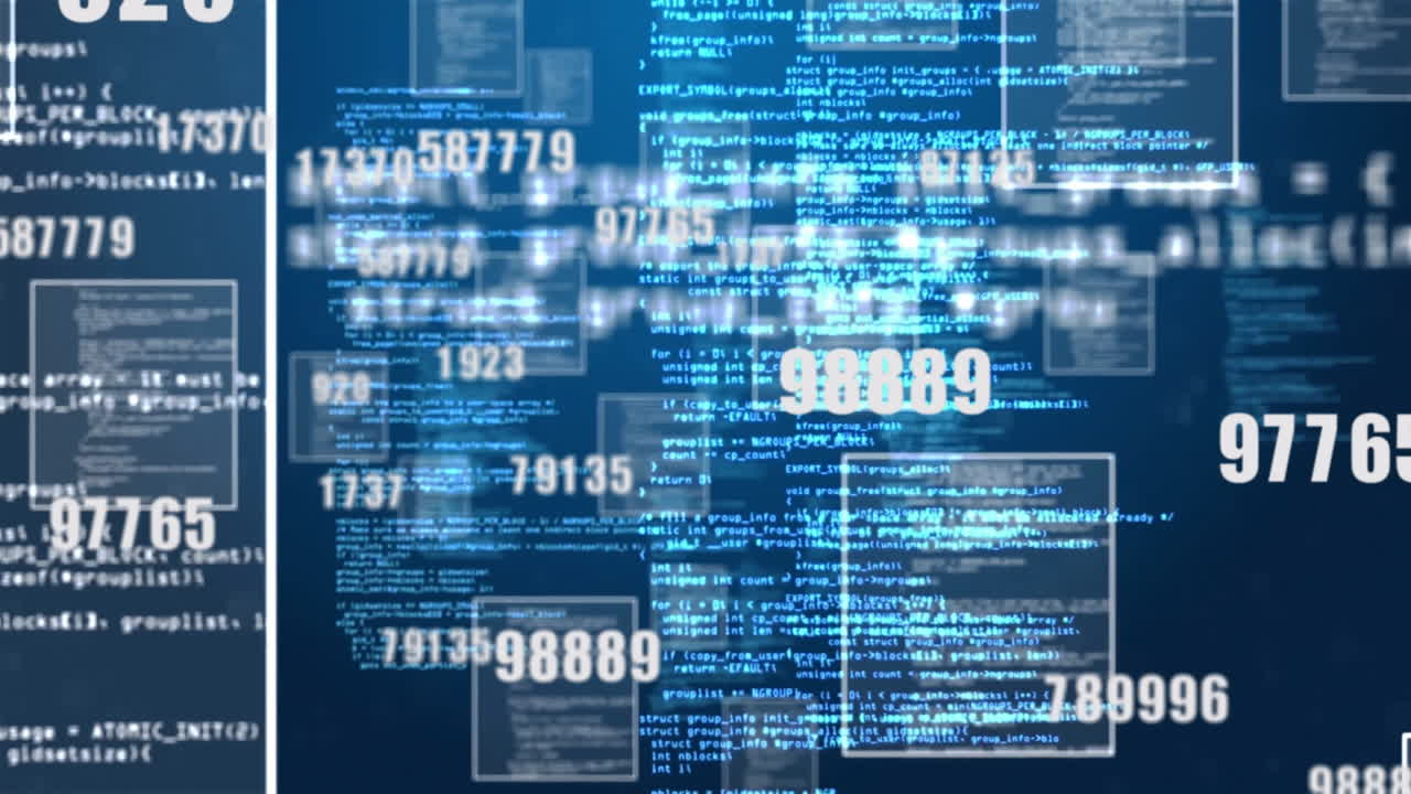 Data processing animation with floating digital code and numbers on blue background