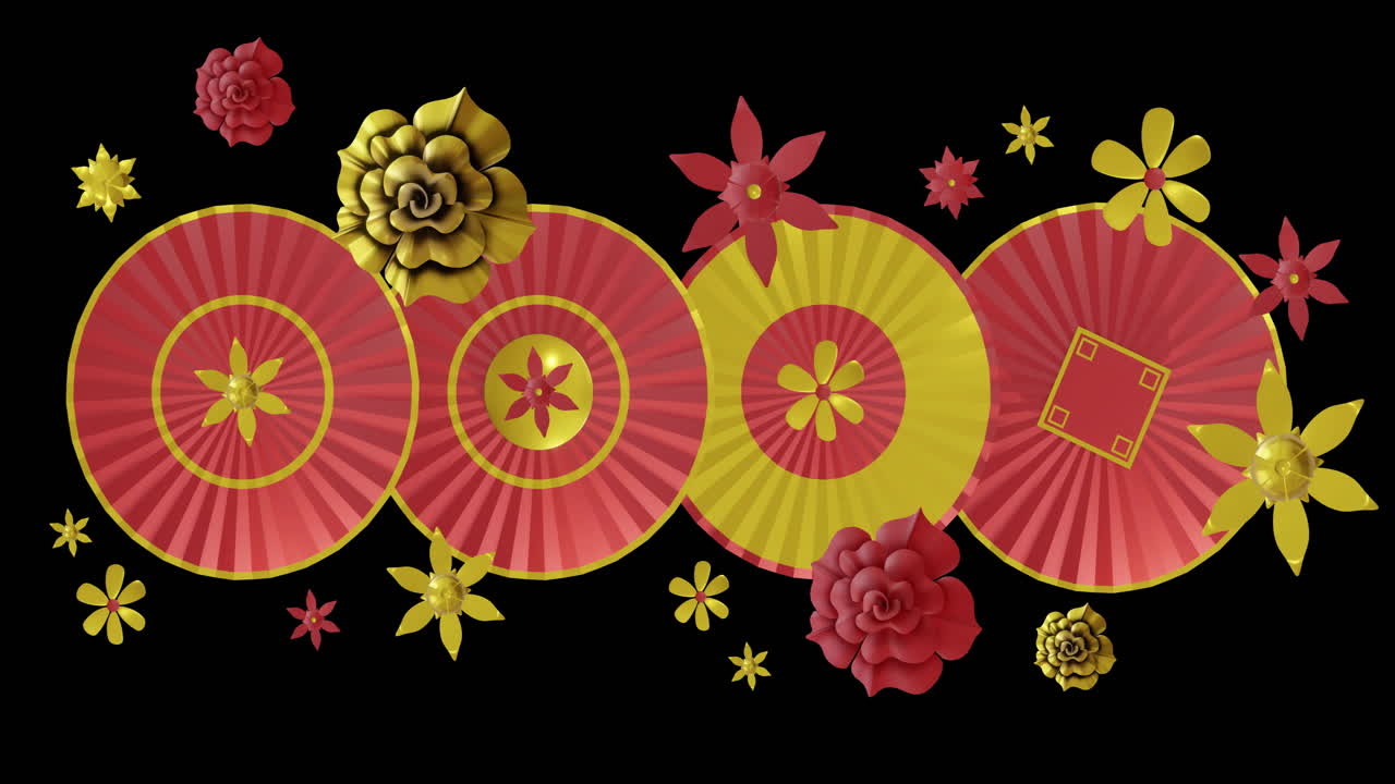 검은 바탕에 중국의 빨간색과 금색 패턴의 애니메이션