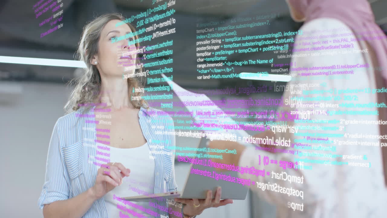 Animation of financial data processing over diverse business people in office