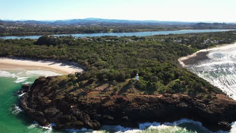 aerial view of fingal head lighthouse at fingal head, nsw, australia - drone shot