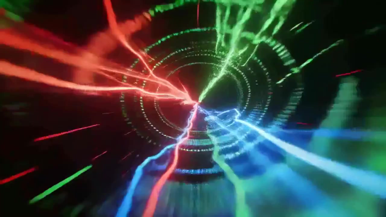 Konvergerende RGB-striber lukker mod et knudepunkt i et CGI-tomrum, danner pulserende ringe og pigge, der fremkalder en rejse.
