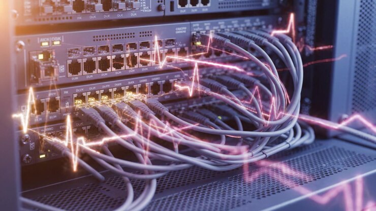 Detailed Examination of Networking Equipment Featuring Dense Cable Management and Signal Flow Visualization in a Data Center Environment