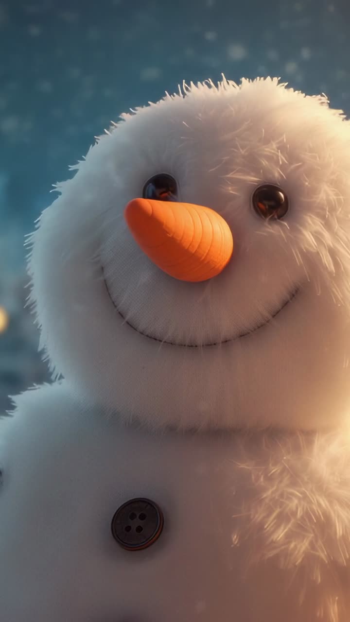 Vertical video: Pulling camera back revealing snowman torso in snowy forest, with falling flakes